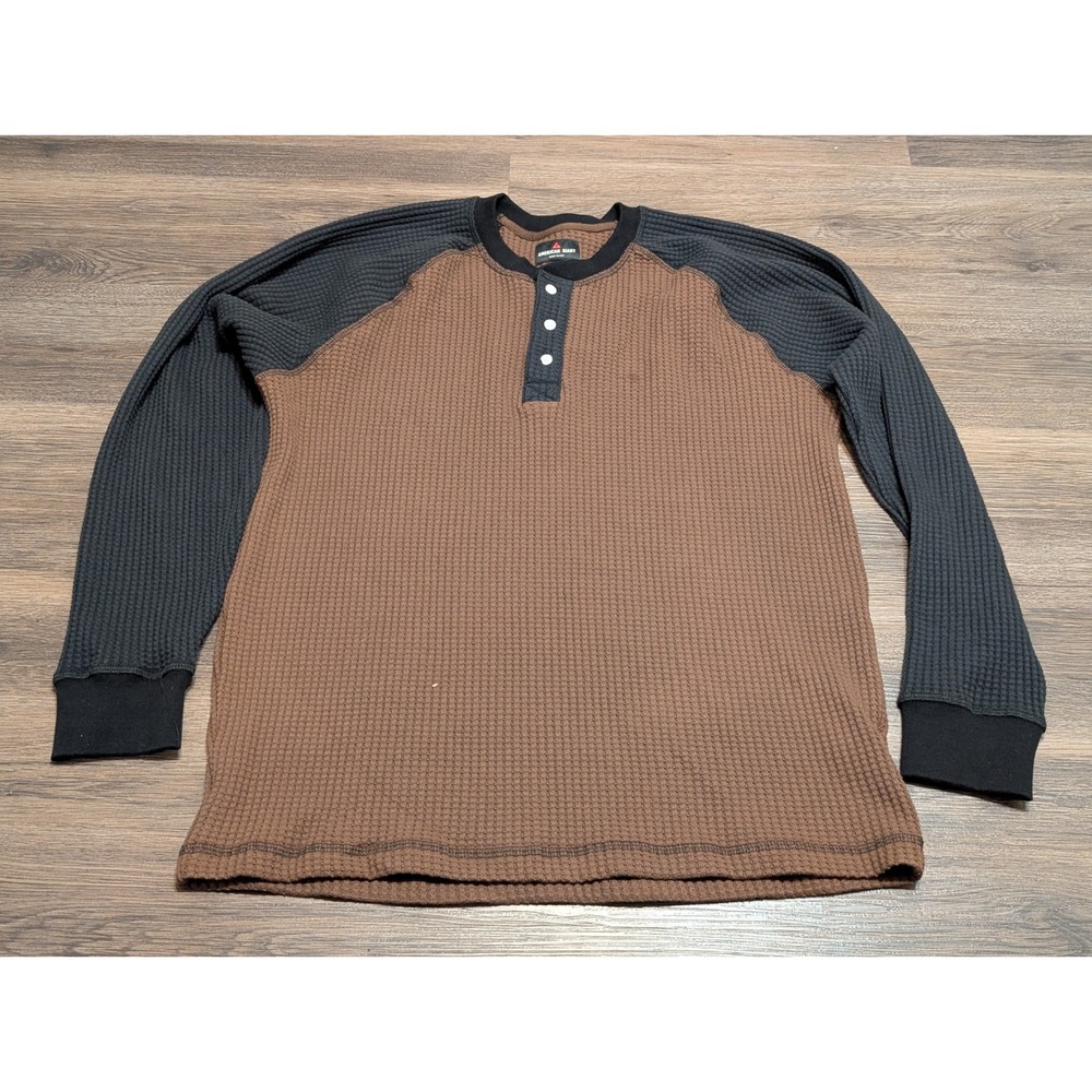 American Giant Waffle Knit Henley Shirt Mens XL Brown Black Raglan Made in USA
